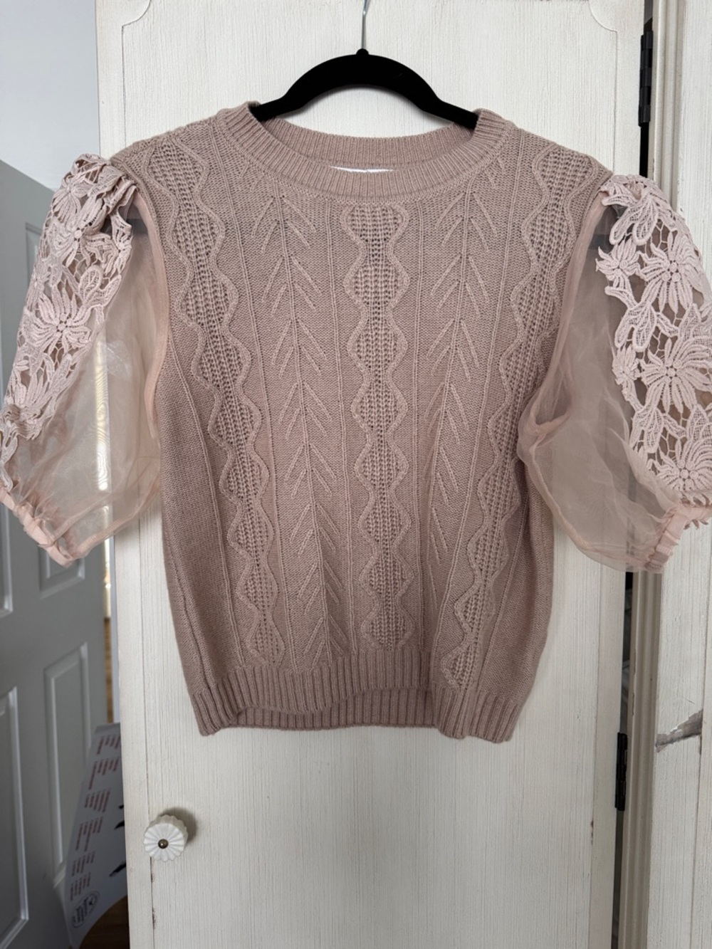 Astr Pink Knit Sweater Top with Lace Puff Sleeves